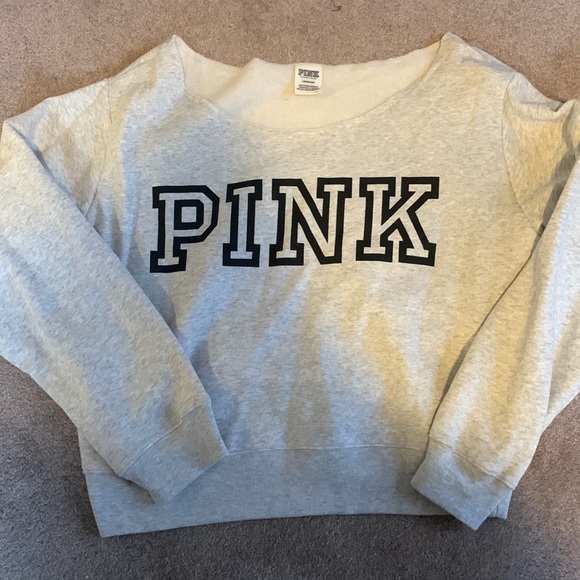 PINK Victoria's Secret Tops - A light grey logo shop off the shoulder top with logo in front in a size large
